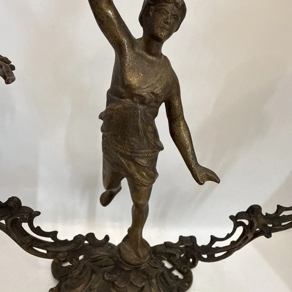 Vintage Bronze Candelabra Lady Figurine 2-Arm Candle Holder Ornate Victorian Bro